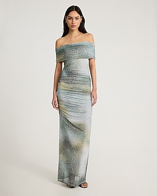 Printed Off The Shoulder Ruched Maxi Dress