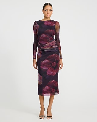 Mesh Floral Long Sleeve Twist Waist Midi Dress