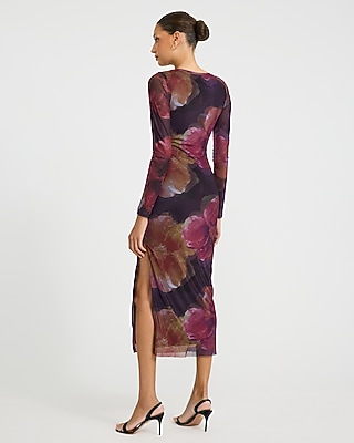 Mesh Floral Long Sleeve Twist Waist Midi Dress