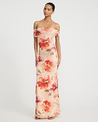 Mesh Floral Off The Shoulder Ruched Maxi Dress