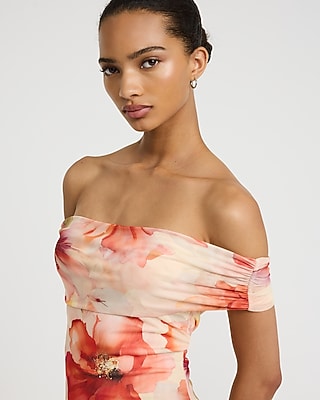 Mesh Floral Off The Shoulder Ruched Maxi Dress