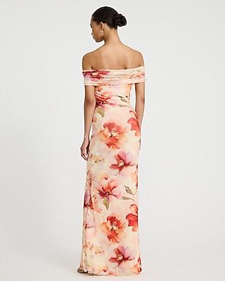 Mesh Floral Off The Shoulder Ruched Maxi Dress