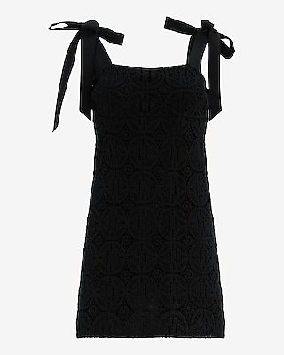 Crochet Square Neck Tie Strap Mini Shift Dress