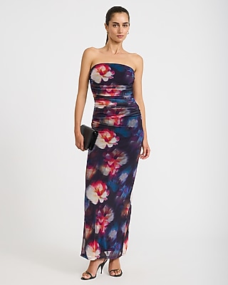 Mesh Floral Strapless Ruched Maxi Tube Dress