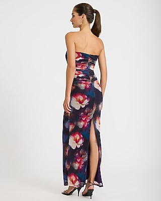 Mesh Floral Strapless Ruched Maxi Tube Dress