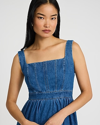 Stretch Denim Square Neck Sleeveless Tiered Smocked Back Midi Dress