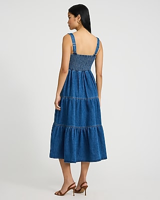 Stretch Denim Square Neck Sleeveless Tiered Smocked Back Midi Dress