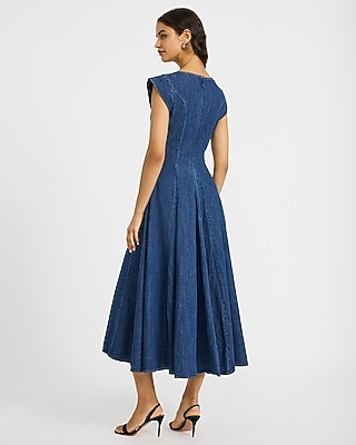 Denim Crew Neck Cap Sleeve Seamed Maxi Dress