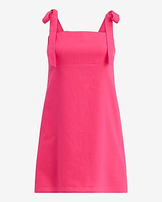 Linen-Blend Square Neck Tie Strap Mini Shift Dress
