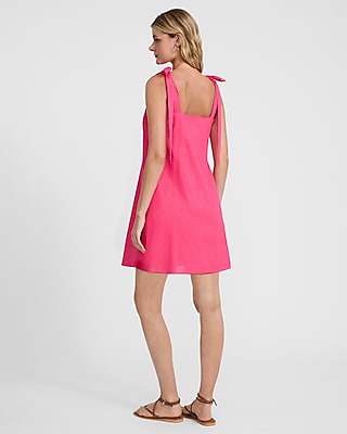 Linen-Blend Square Neck Tie Strap Mini Shift Dress