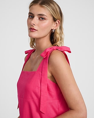 Linen-Blend Square Neck Tie Strap Mini Shift Dress