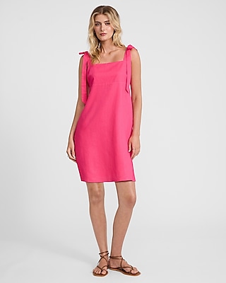 Linen-Blend Square Neck Tie Strap Mini Shift Dress