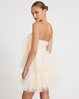 Mesh Tiered Bow Front Strapless Mini Dress