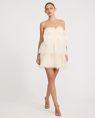 Mesh Tiered Bow Front Strapless Mini Dress