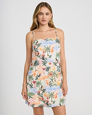Tropical Printed Square Neck Mini Dress