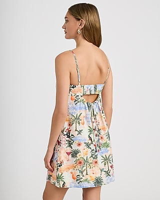 Tropical Printed Square Neck Mini Dress