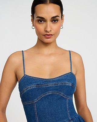 Stretch Denim Seamed Sleeveless Midi Fit And Flare Dress With Pockets |  Express