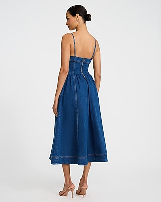 Stretch Denim Seamed Sleeveless Midi Fit And Flare Dress With Pockets |  Express