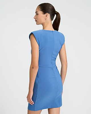 Crepe Crew Neck Padded Shoulder Ruched Mini Sheath Dress
