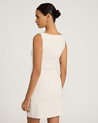 Crepe Boat Neck Sleeveless Ruched Mini Sheath Dress