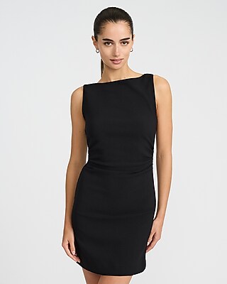 Crepe Boat Neck Sleeveless Ruched Mini Sheath Dress