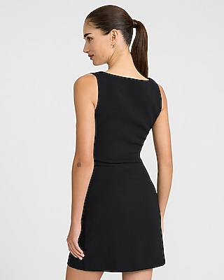 Crepe Boat Neck Sleeveless Ruched Mini Sheath Dress