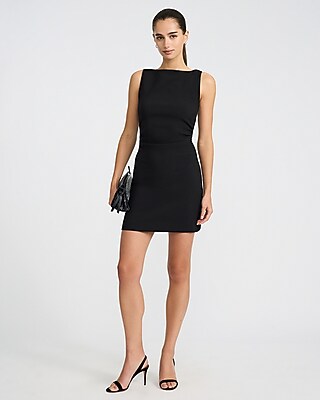 Crepe Boat Neck Sleeveless Ruched Mini Sheath Dress
