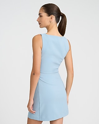 Crepe Boat Neck Sleeveless Ruched Mini Sheath Dress