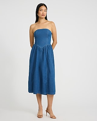 Express Women's Denim Strapless Dipped Waist Smocked Back Midi Dress in Blue Small