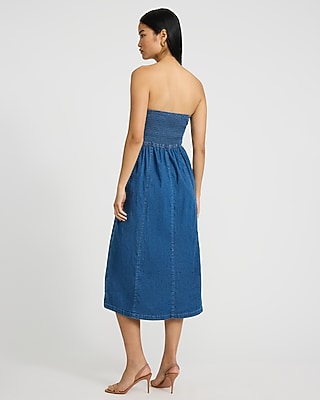 Denim Strapless Dipped Waist Smocked Back Midi Dress