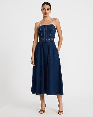 Denim Square Neck Belted Maxi Dress with Pockets