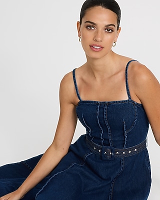 Denim Square Neck Belted Maxi Dress with Pockets