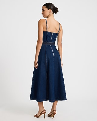 Denim Square Neck Belted Maxi Dress with Pockets