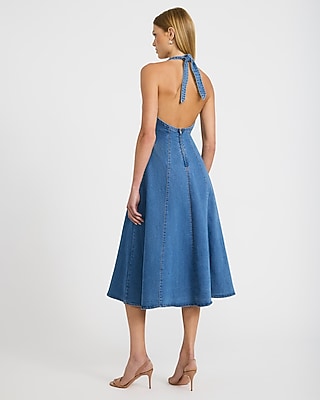 Stretch Denim Halter V-Neck Midi Fit and Flare Dress