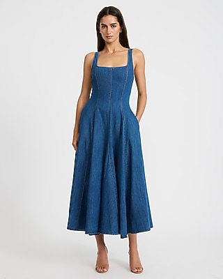 Denim Square Neck Seamed Maxi Dress with Pockets