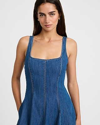 Denim Square Neck Seamed Maxi Dress with Pockets