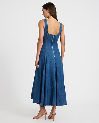 Denim Square Neck Seamed Maxi Dress with Pockets