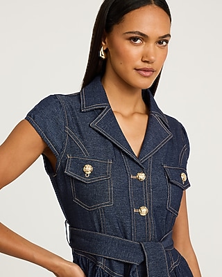 Stretch Denim Cap Sleeve Button Front Belted Midi Dress with Pockets - thumbnail 5