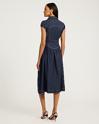 Stretch Denim Cap Sleeve Button Front Belted Midi Dress with Pockets - thumbnail 6