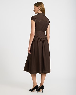 Stretch Denim Cap Sleeve Button Front Belted Midi Dress with Pockets - thumbnail 3