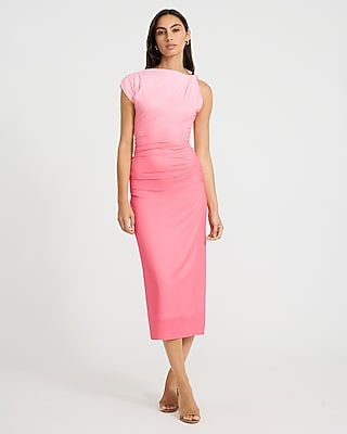 Ombre Mesh Crew Neck Asymmetrical Hardware Midi Dress
