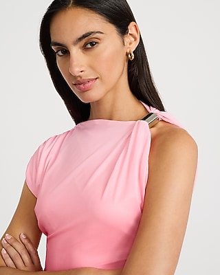 Ombre Mesh Crew Neck Asymmetrical Hardware Midi Dress