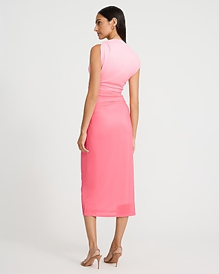 Ombre Mesh Crew Neck Asymmetrical Hardware Midi Dress