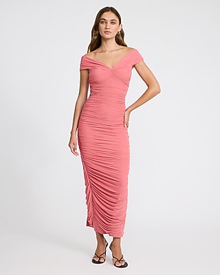 Mesh Ruched Off The Shoulder Maxi Dress