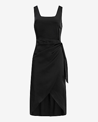 Satin Scoop Neck Tie Wrap Midi Sheath Dress