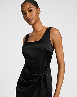 Satin Scoop Neck Tie Wrap Midi Sheath Dress