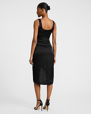 Satin Scoop Neck Tie Wrap Midi Sheath Dress