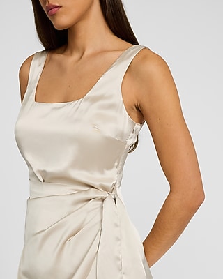 Satin Scoop Neck Tie Wrap Midi Sheath Dress
