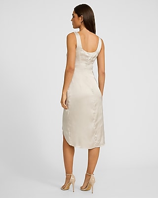 Satin Scoop Neck Tie Wrap Midi Sheath Dress