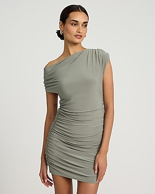 Off The Shoulder Ruched Asymmetrical Midi Dress